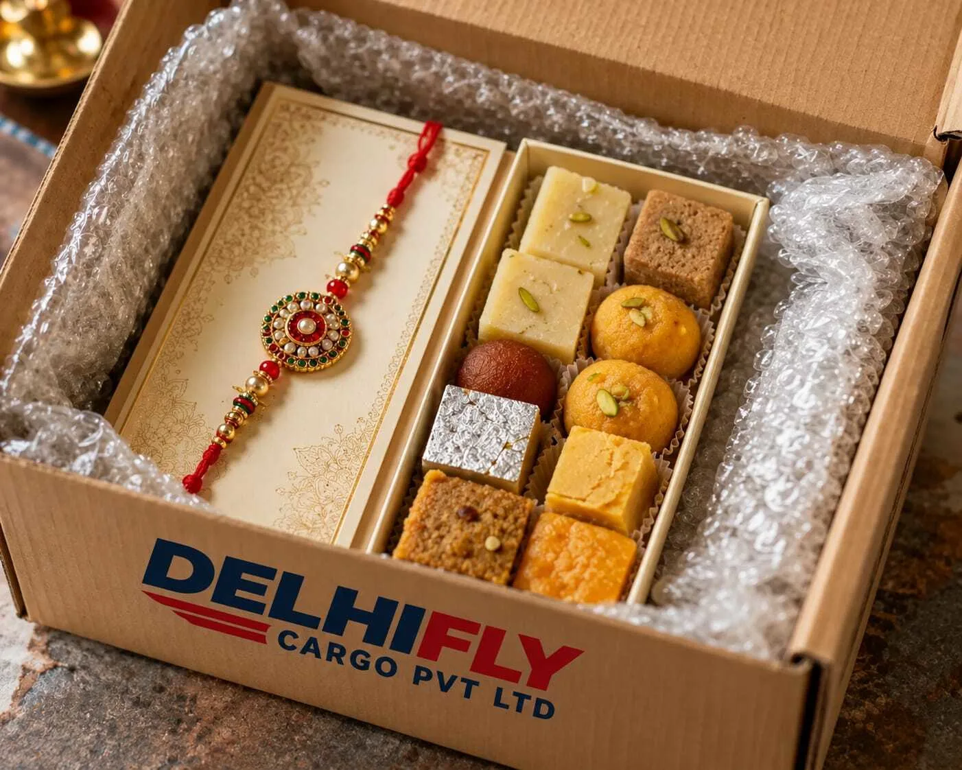 Rakhi and sweets packed for international courier shipping from India