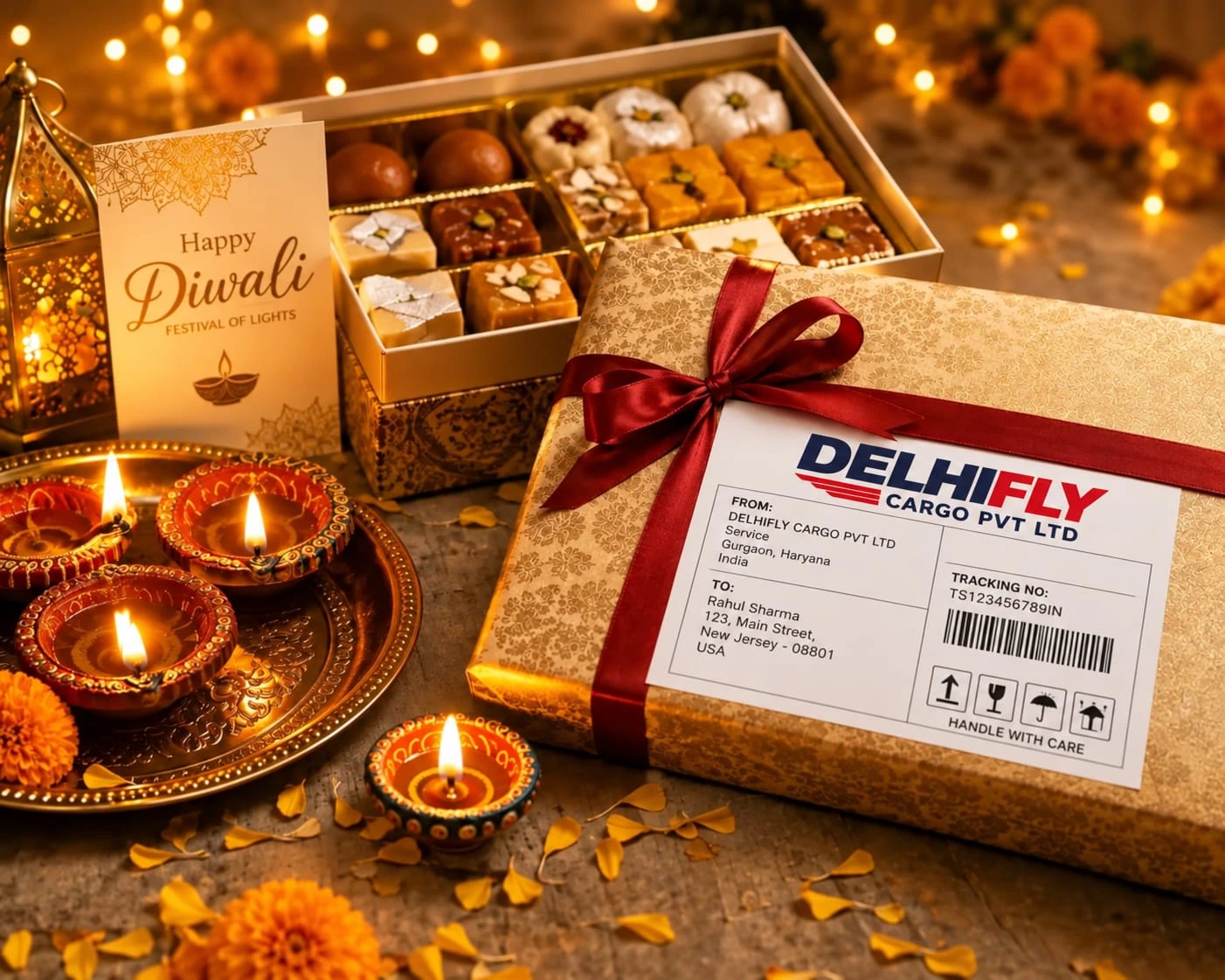 Diwali sweets and gift boxes ready for international courier dispatch