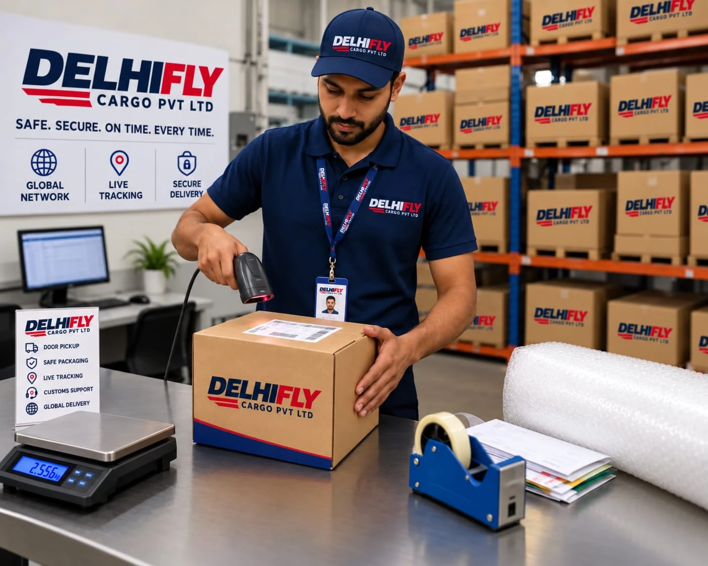 Courier staff packing a parcel for international shipping from India