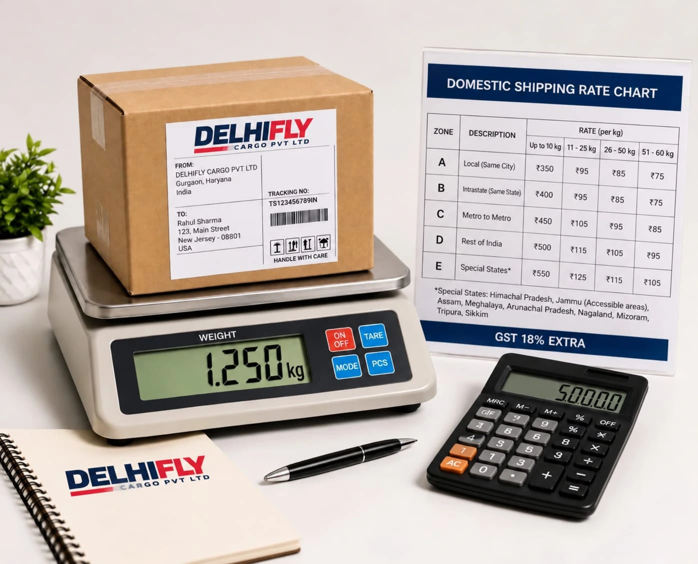 Calculator and weighing scale showing international courier charge factors
