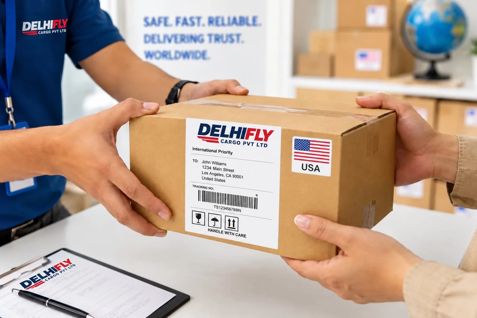 Parcel labeled for shipping from India to the USA with USA flag