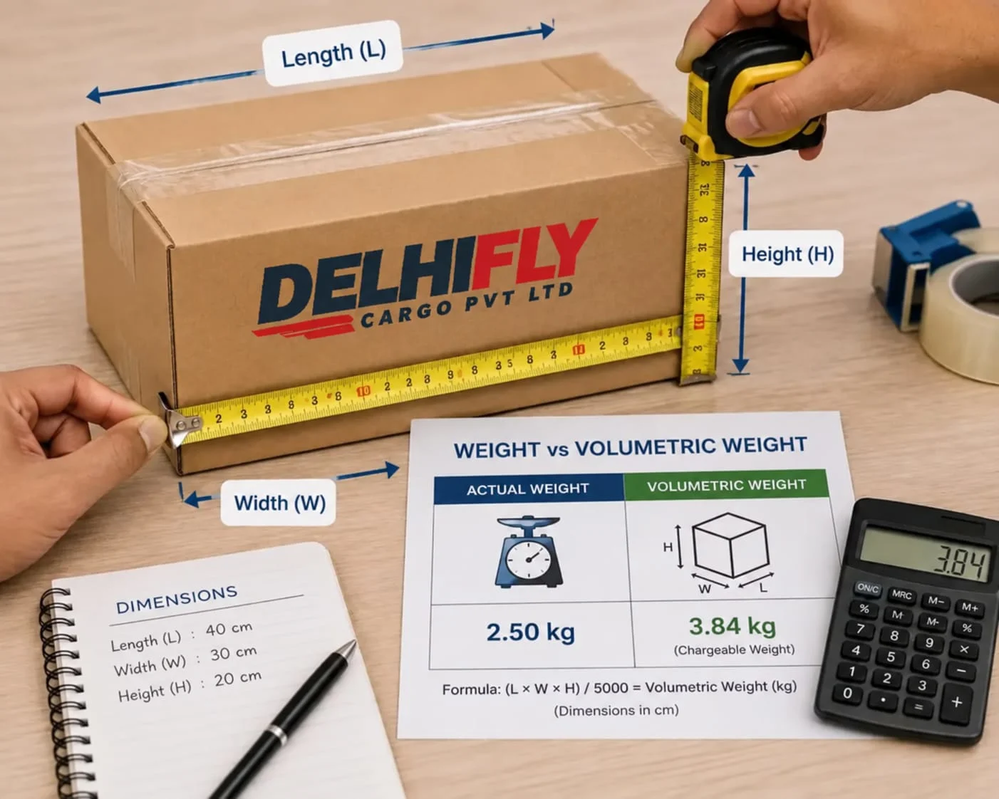 Laptop showing international courier cost calculator next to a parcel on a weighing scale