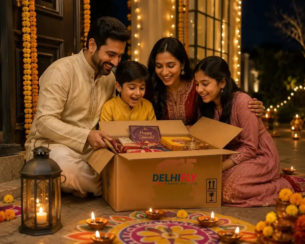 Family receiving Diwali gift parcel abroad on time
