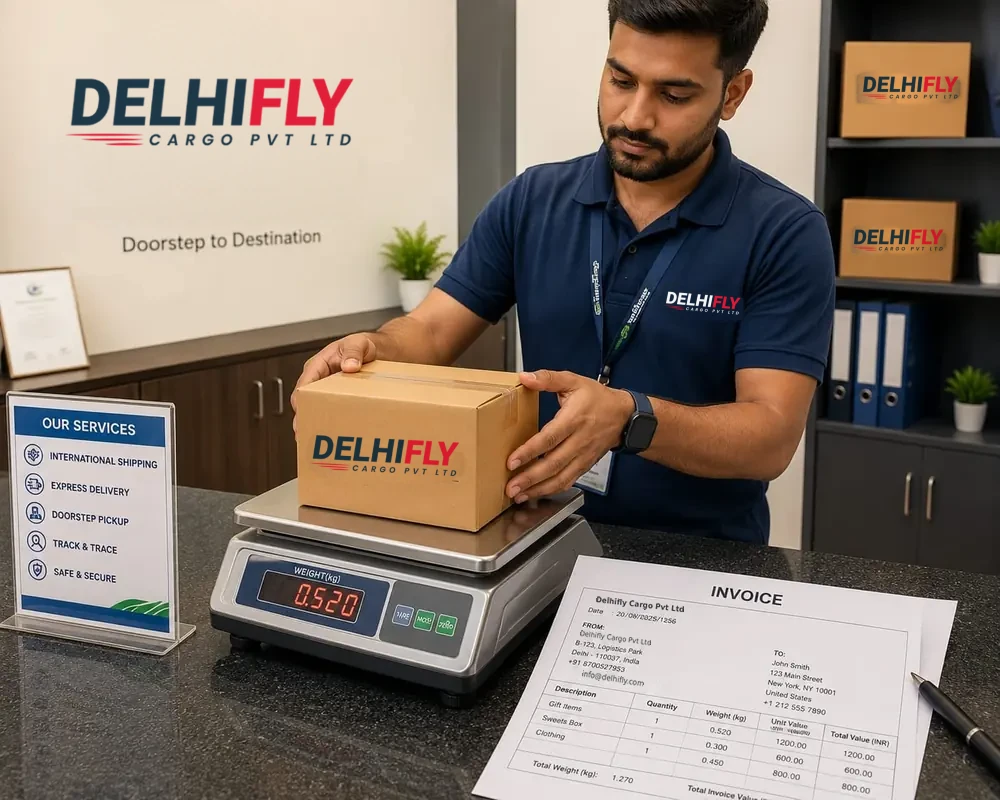 Courier staff weighing a non-document parcel for rate calculation