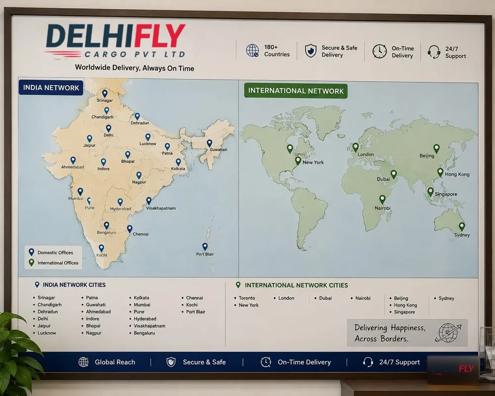 Map showing domestic routes vs international shipping destinations